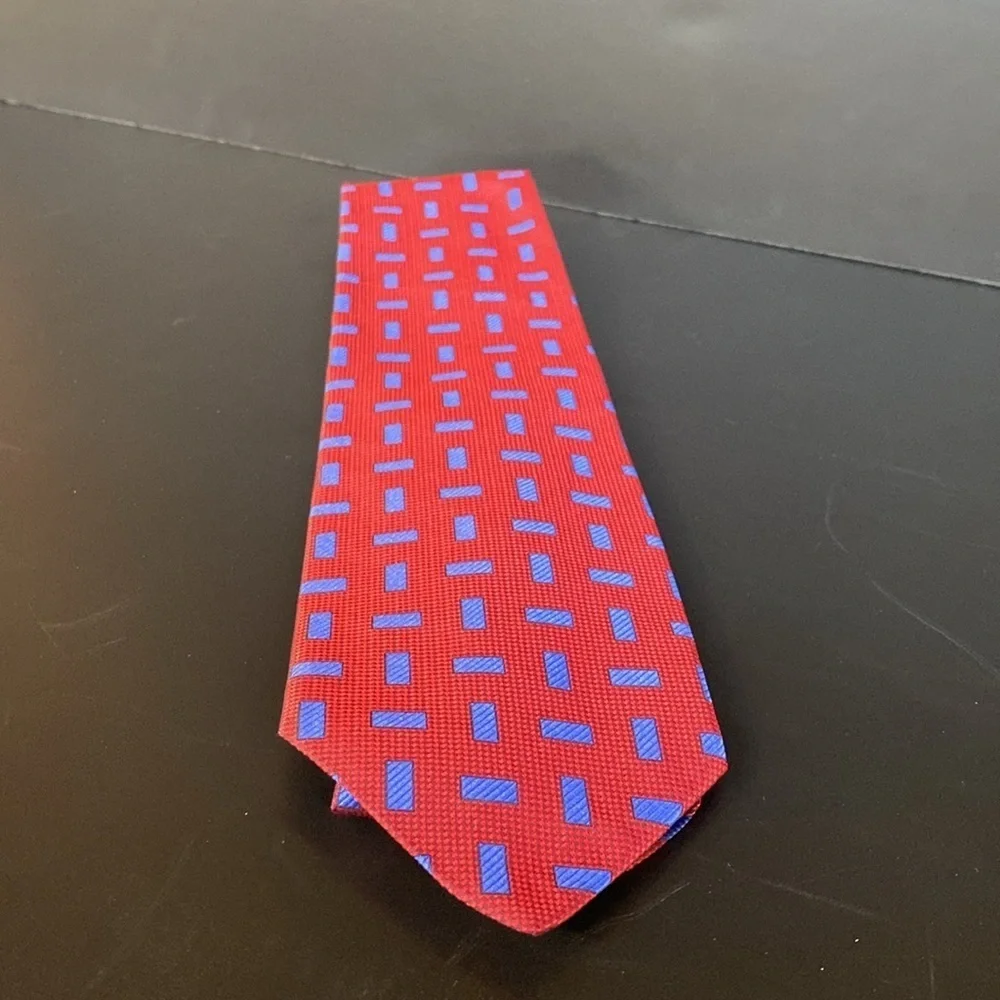 Innocenti Italy x Tom James Silk Brocade Hand Made Tie Geometric OAP Red Blue